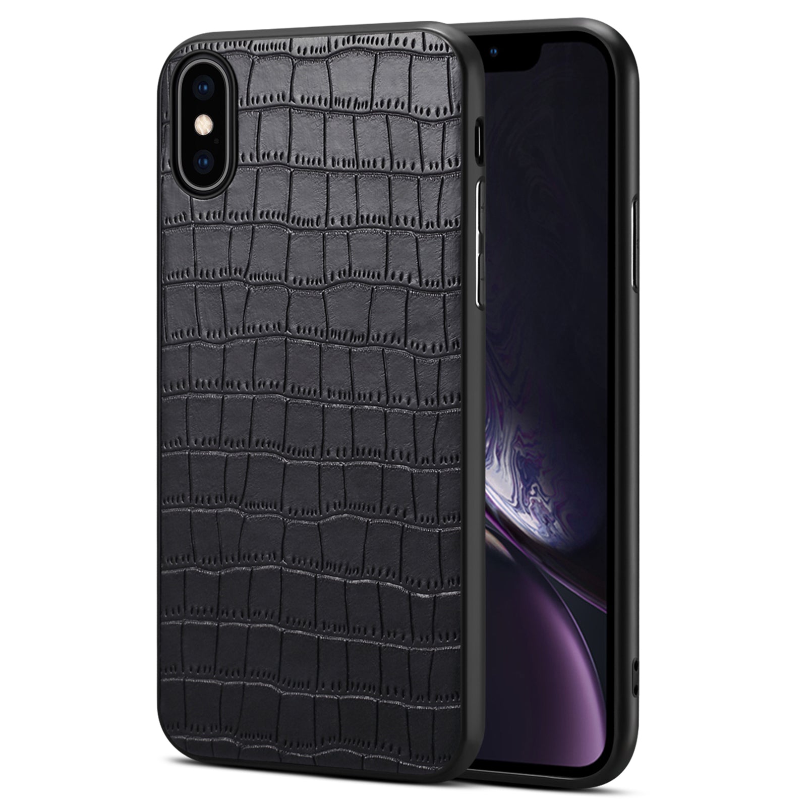For iPhone X / XS Cell Phone Case Crocodile Textured PU Leather+PC+TPU Back Cover - Black For iPhone X / XS Cell Phone Case Crocodile Textured PU Leather+PC+TPU Back Cover - Black